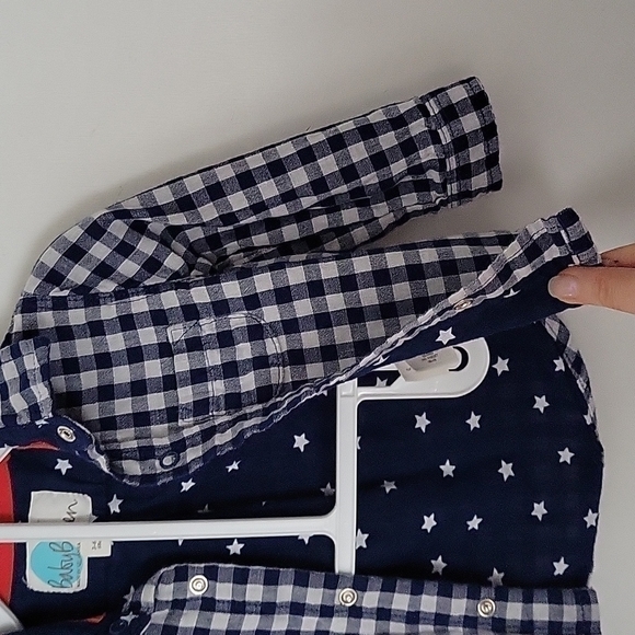 Baby Boden Gingham Check Blue Gray Stars Cotton Snaps Button Down Shirt Sz.3-6mo - Picture 6 of 12